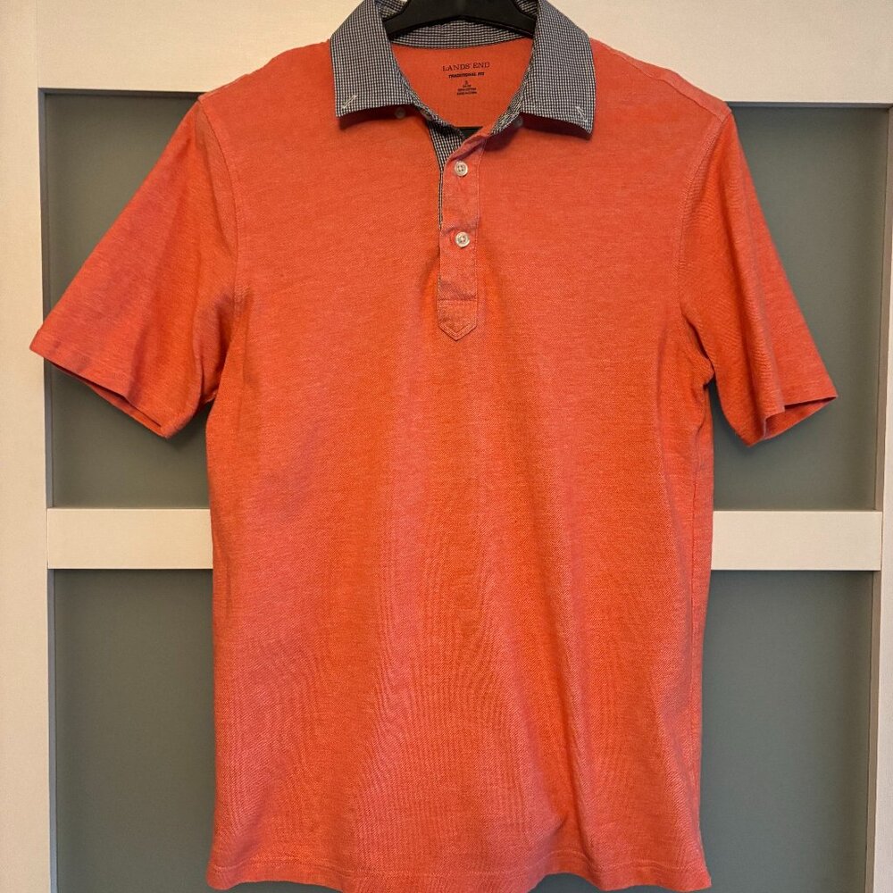 Lands' End Men’s Short Sleeve Polo - Coral with Gingham Trim Size S